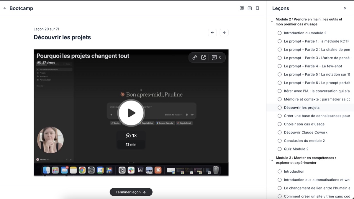 Une leçon du bootcamp Colaboria sur Circle : le travail personnel guidé, avec exercices et fiches